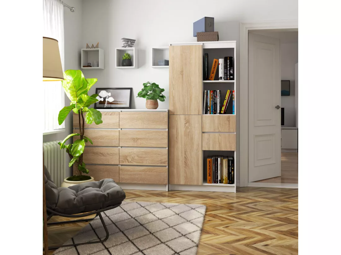 Bibliothèque de bureau AKORD R15 Blanche 80 cm 1 porte 2 tiroirs façade Chêne Sonoma mat 7 étagères 80x35x180 cm