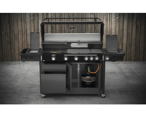 Tenneker® Halo TG-5 U Gasgrill 204,6 x 65,6 x 117 cm 5-pits + zijbrander en achterbrander, gietijzeren rooster, platformsysteem, glazen inzetstuk in het deksel