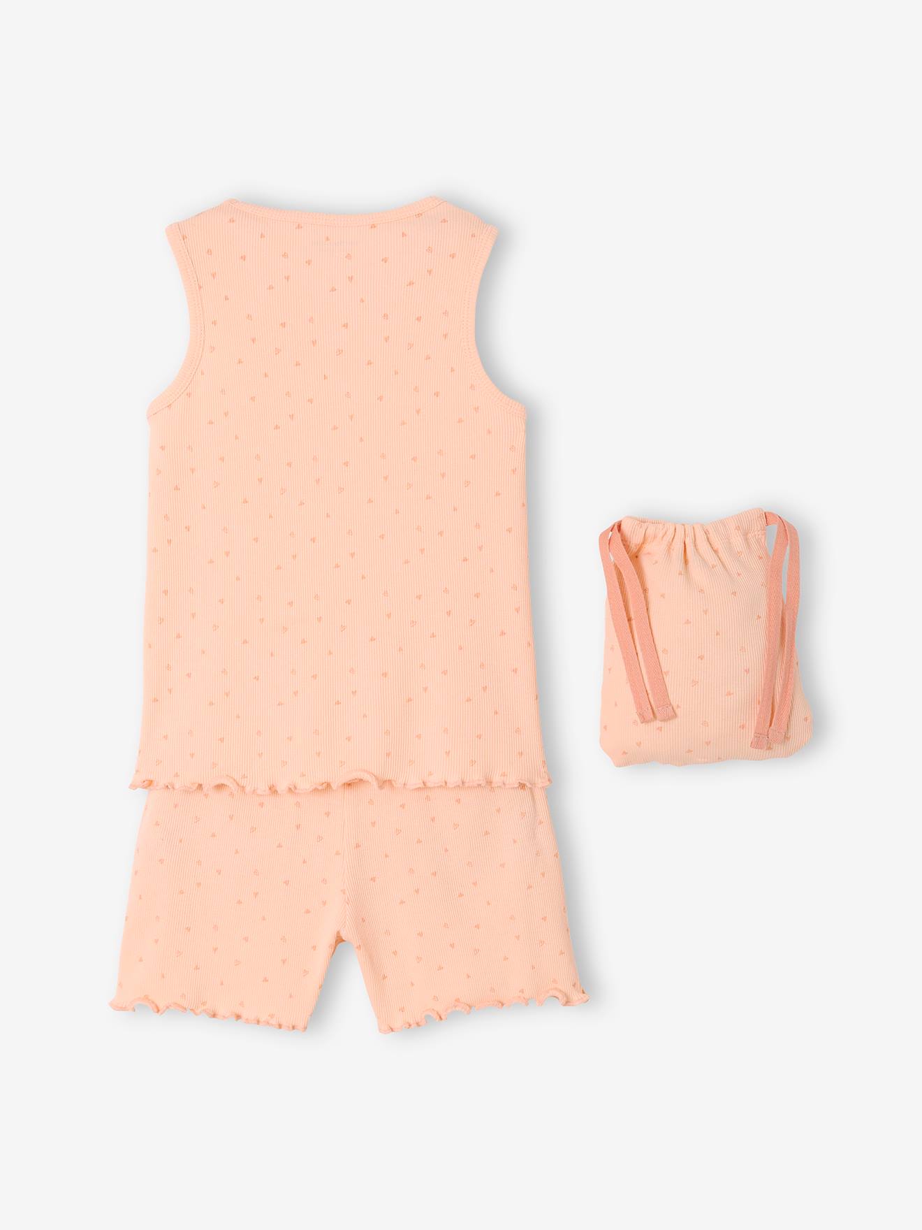 Conjunto de pijama rosa claro estampado com shorts e bolsa de malha canelada para meninas