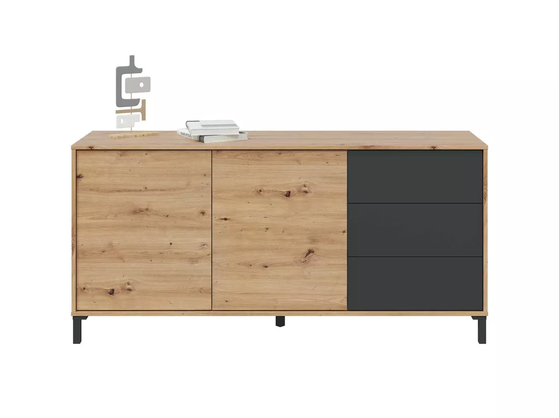Buffet meuble de rangement en mélamine coloris Chêne gris anthracite - Hauteur 74 x Longueur 154 x Profondeur 41 cm