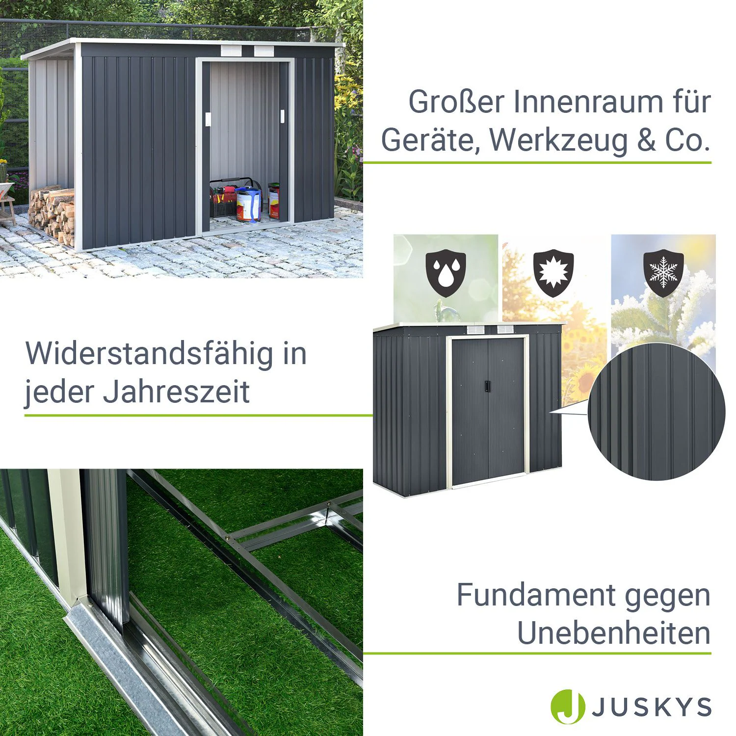 Juskys Metall Gerätehaus M mit Holzunterstand links - Großes Gartenhaus, Schiebetür, Lüftungsgitter