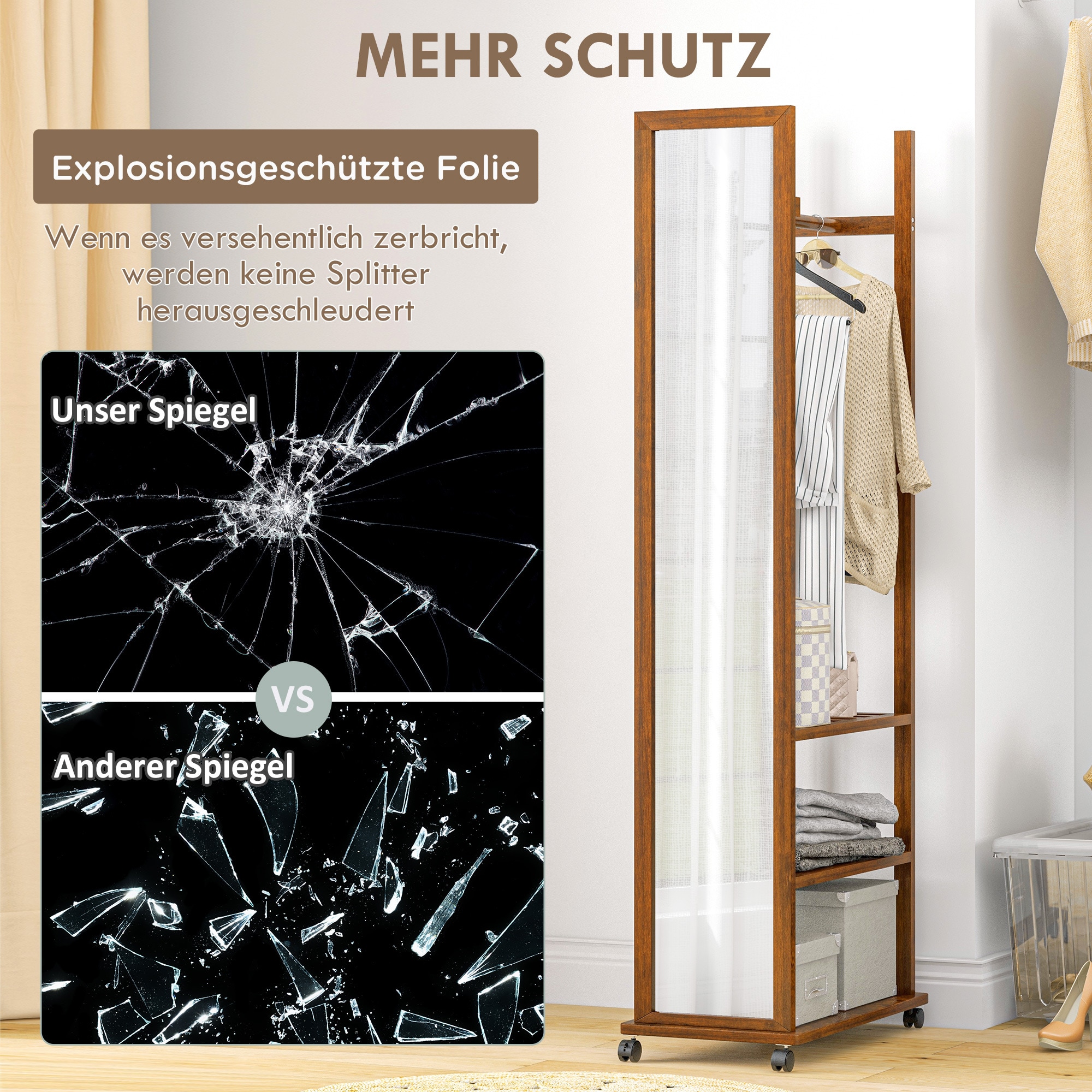 HOMCOM Standspiegel mit Regal und Rollen natur 35,8L x 59,8B x 170H cm