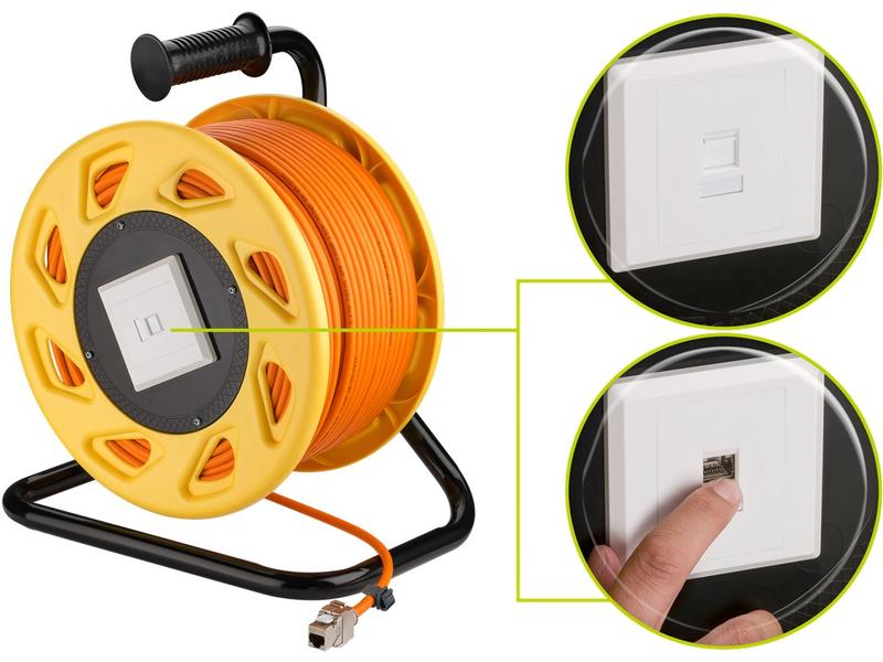 Goobay Patchkabel 58934 Cat 7A, S/FTP, 50 m, Orange Mobile RJ45 Netzwerk Kabeltrommel