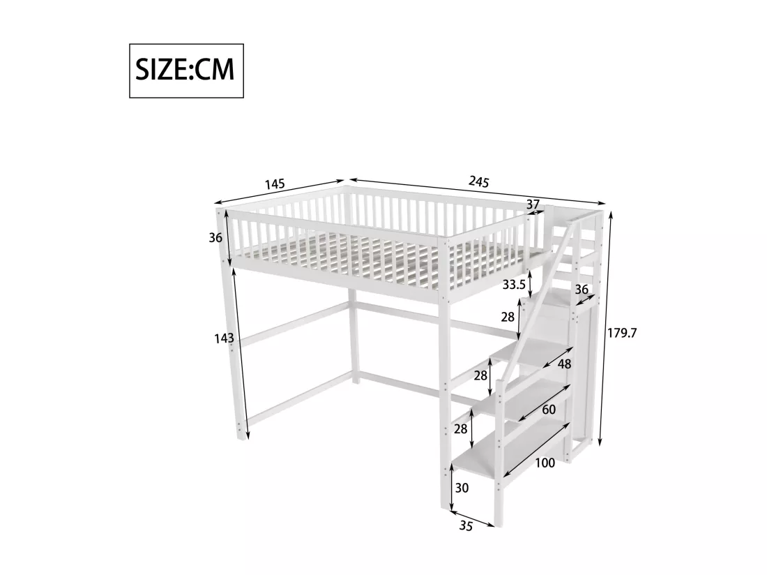 Lit mezzanine 140 x 200 cm avec armoire et escalier - bois massif et MDF - blanc (sans matelas)