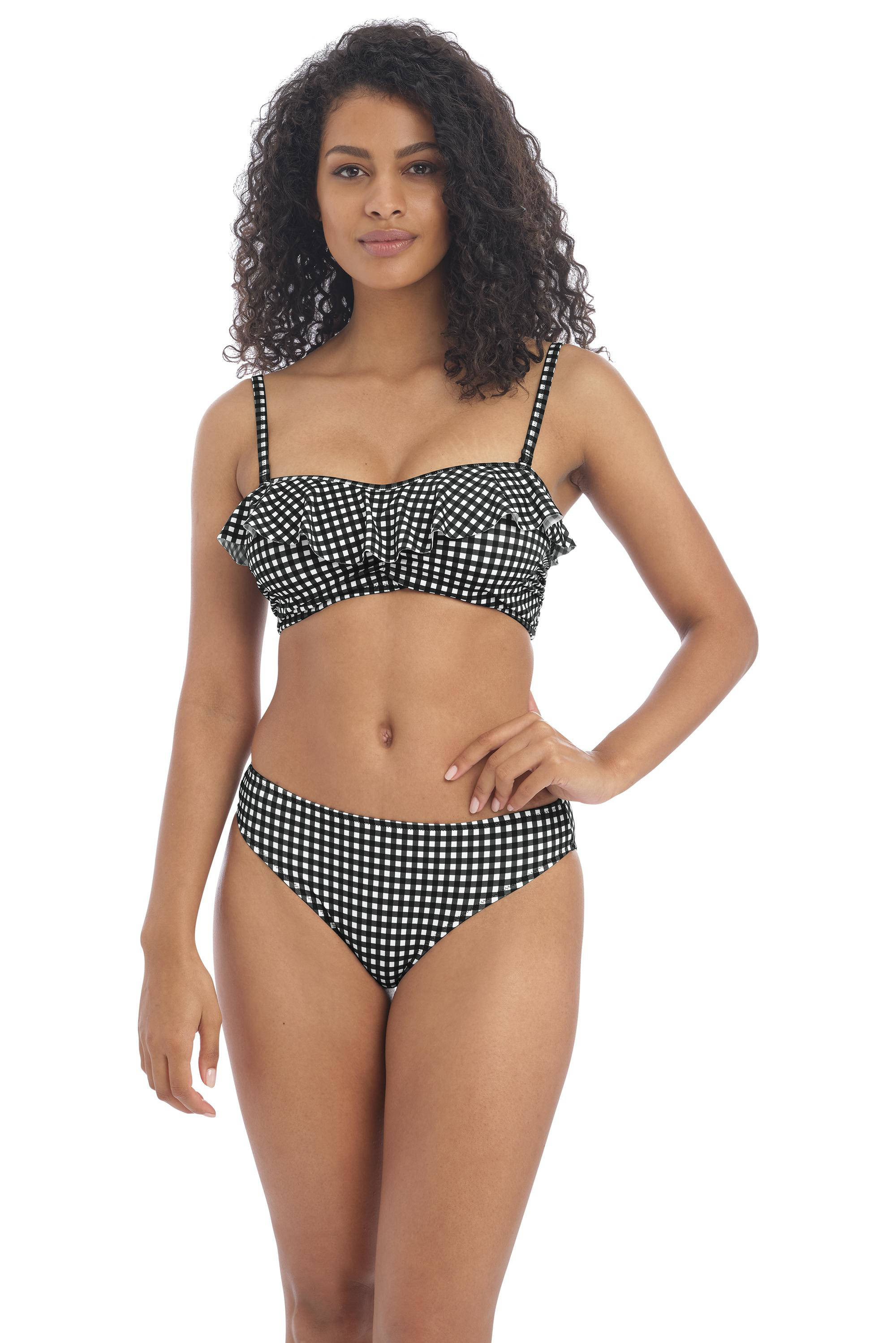 Freya niet-voorgevormde geruite strapless bandeau bikinitop Check In zwart/wit