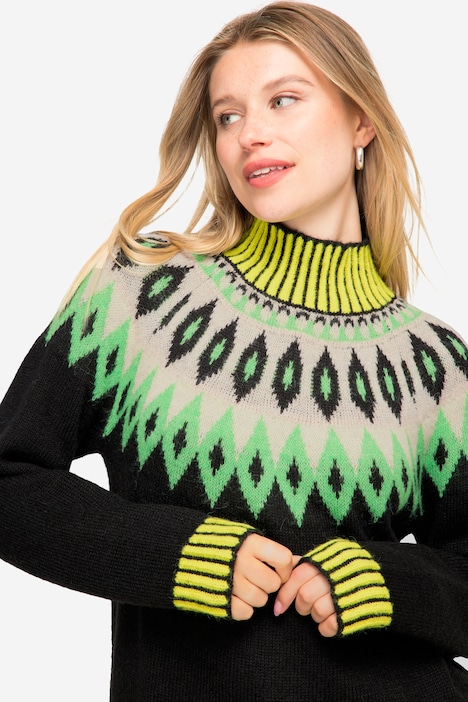 Norwegerpullover, Wollanteil, Stehkragen, Langarm, mit recyceltem Polyester