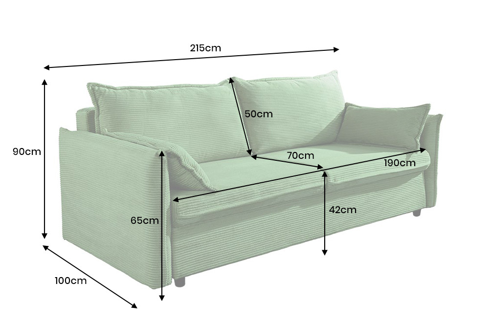 Design Schlafsofa APARTMENT 215cm grün Cord 3-Sitzer Couch inkl. Bettkasten Kissen