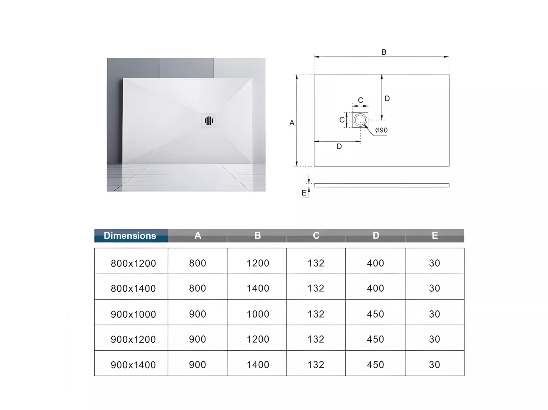 Receveur de douche 100x80cm avec une grille en ABS, bac à douche rectangulaire, Extra-plat, blanc, anti-dérapant