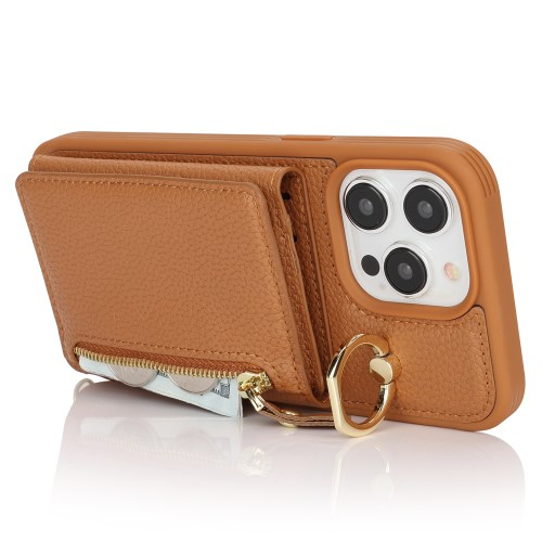 iPhone 13 Pro Necklace Leder Hülle mit Münzfach und Kartenfächer   Finger Griff Halterung   Handykette - Braun