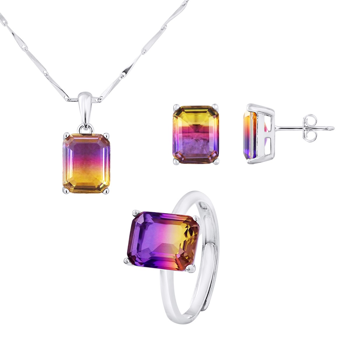 PARURE RECTANGLE BICOLORE : Collier - Bague - Boucles d'Oreilles - Argent 925