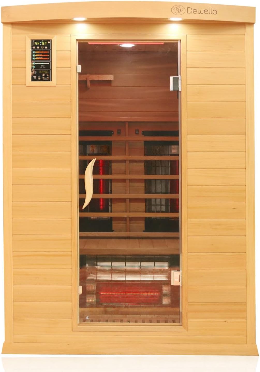 Dewello® Infrarotkabine Infrarotsauna Pierson PRO 135x105 für 1-2 Personen aus Hemlock und Zedern Holz mit Duo Vollspektrumstrahler, Bodenstrahler, LED-Farblicht, Bluetooth, FM,MP3,USB