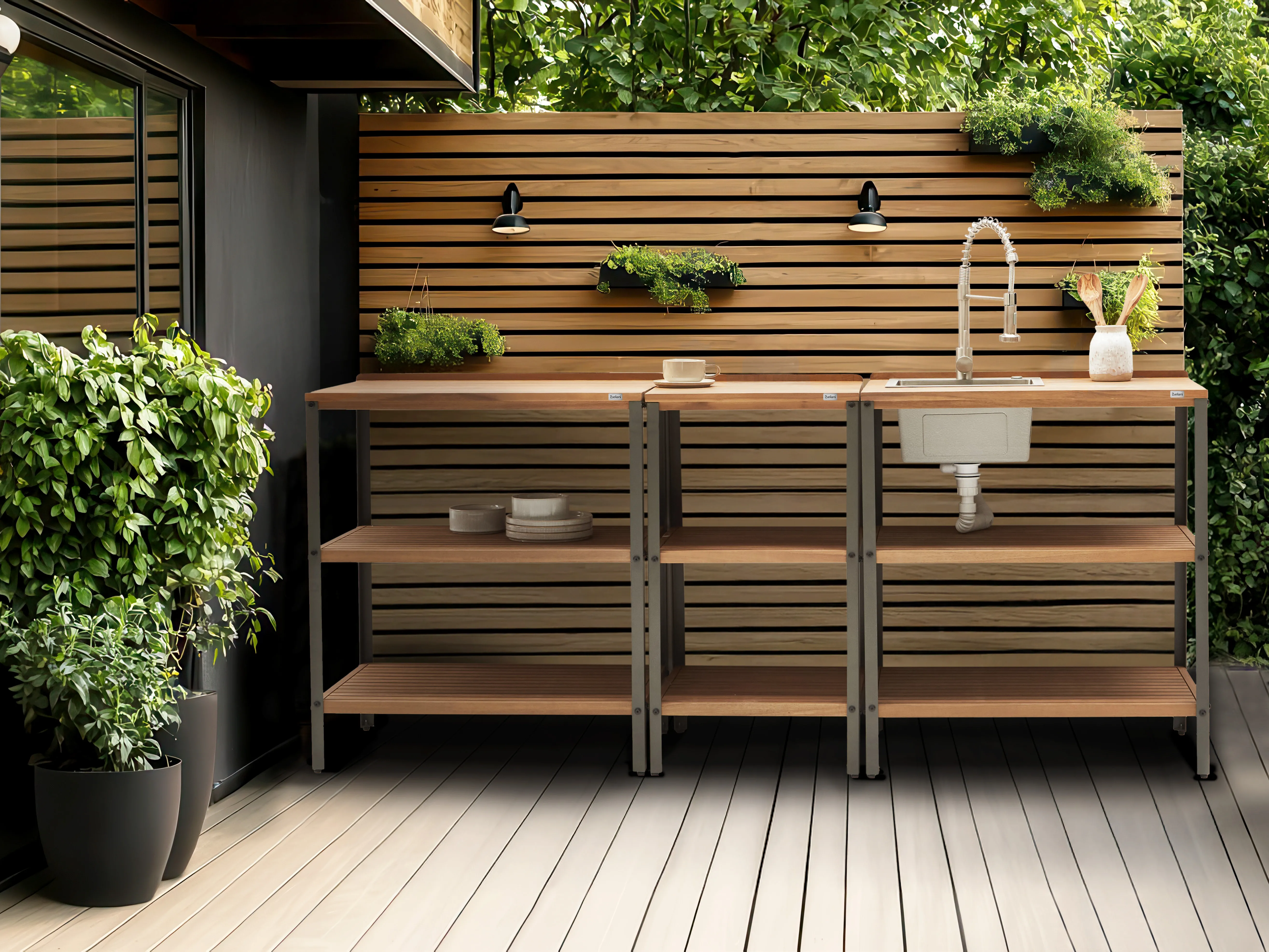 Tuin kookeiland met spoelbak IVREA Gecertificeerd acaciahout Bruin/zilver