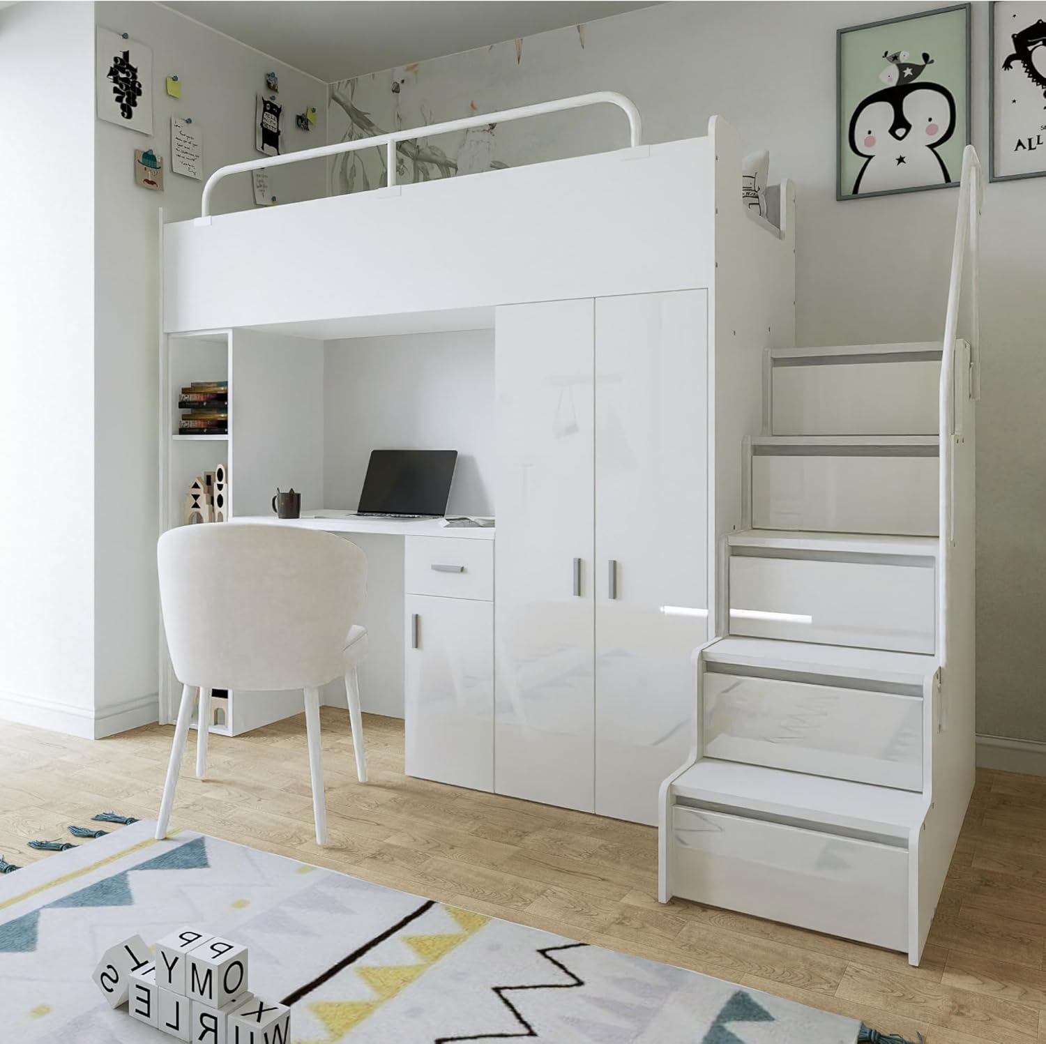 Hochbett JSM-4 90x200 mit Kleiderschrank Schreibtisch und Treppe Hochglanz Kinderbetten Funktionsbett Etagenbett Stockbett Kinderhochbett Jugendhochbett (Weiß Glanz)