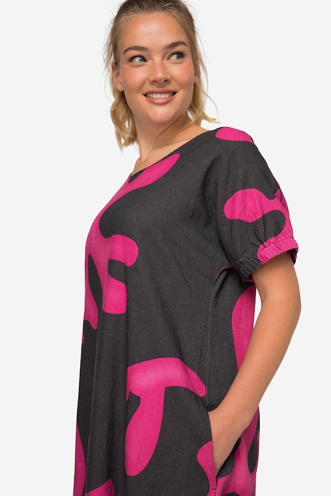 Leinenmix-Kleid, A-Line, Korallen, Rundhals, Halbarm