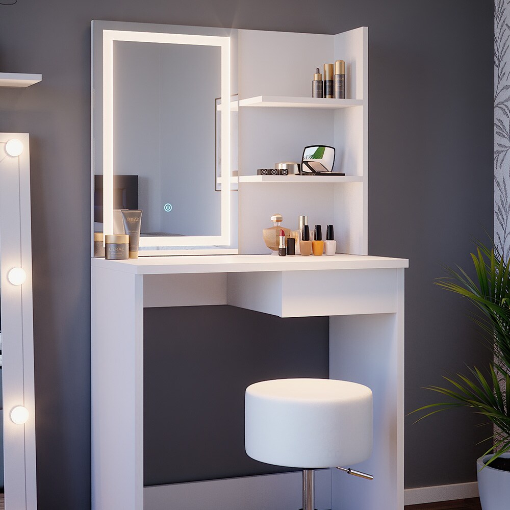 Vicco Schminktisch Frisiertisch Schminkkommode Dekos Weiß LED-Spiegel Hocker 75x142 cm modern Schlafzimmer Kommode Schublade Ablage Aufbewahrung Kosmetiktisch Schminkkonsole Make-Up-Tisch