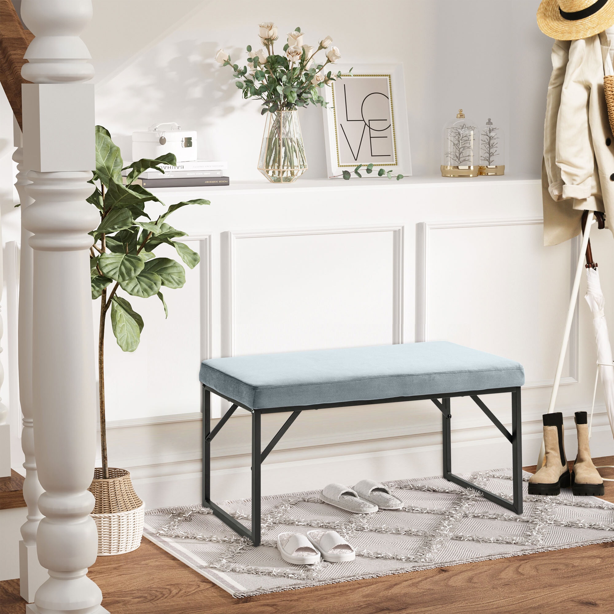 HOMCOM Sitzbank mit Samtoptik blau 100L x 35B x 47H cm
