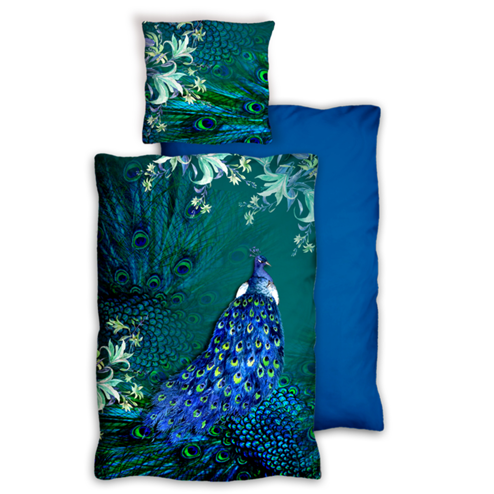 Satin-Bettwäsche - blau-grün - Pfau - 135x200 cm