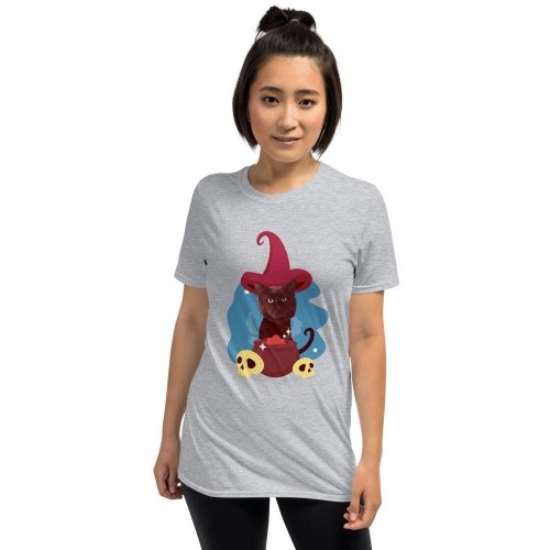 Camiseta feminina Mascochula, a maga, personalizada com seu animal de estimação cinza.