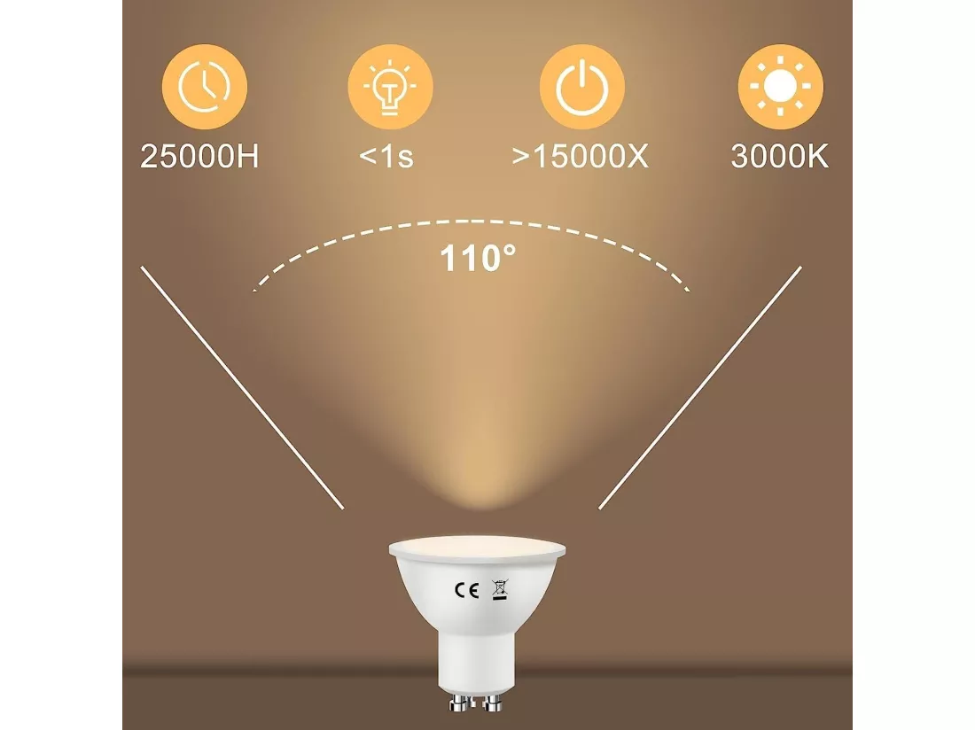 NETTLIFE Lot de 10 lampes LED GU10 Blanc chaud 3000K 6W remplace les ampoules à incandescence 60W économie d'énergie angle de faisceau 110° ampoule