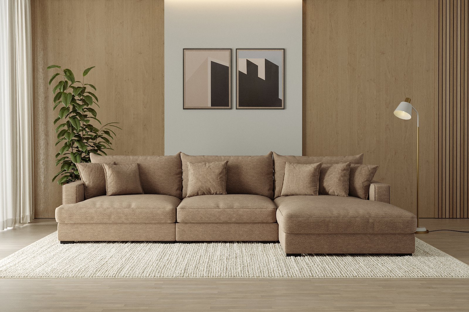 Rossi Lux 3-seter med sjeselong høyre Tekstil Beatto 1012 Brown, arm A med sorte ben. Lux Komfort.