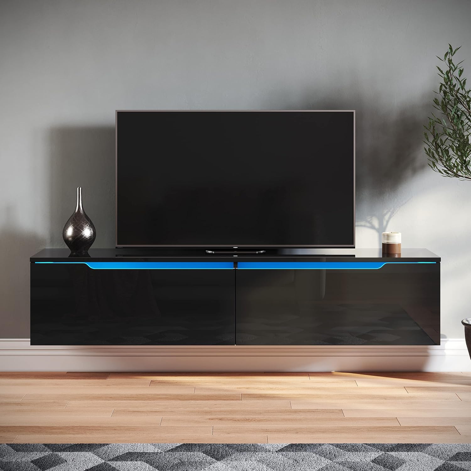 SONNI Lowboard Schwarz, TV Board Hochglanz, TV-Schrank, Fernsehtisch, TV-Regal mit LED Beleuchtung, 12 Farben, Klapptür, Griffloses Design, Zwei Montagemöglichkeiten, 140x35x30cm, GTV009B