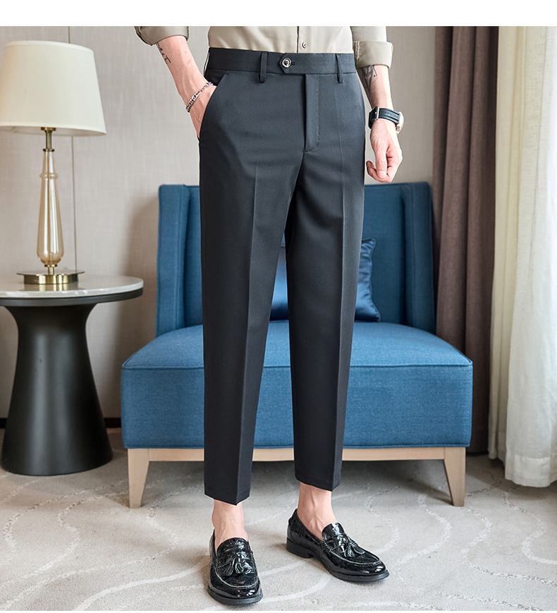 Deepwood - Mid Rise Plain Cropped Tapered Dress Pants