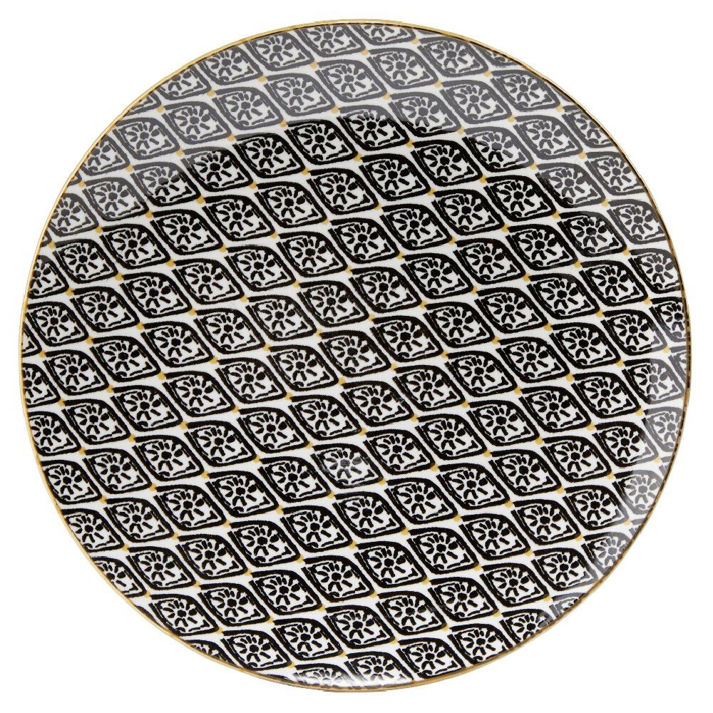 Assiette à dessert ronde Praia motif ethnique noir blanc jaune