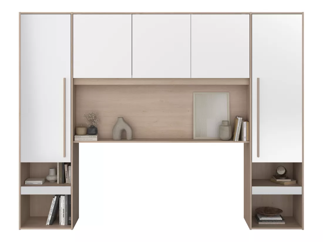 Lit pont 160 x 200 cm avec rangements - avec LEDs - Coloris : Naturel et blanc brillant + Sommier - VELONA