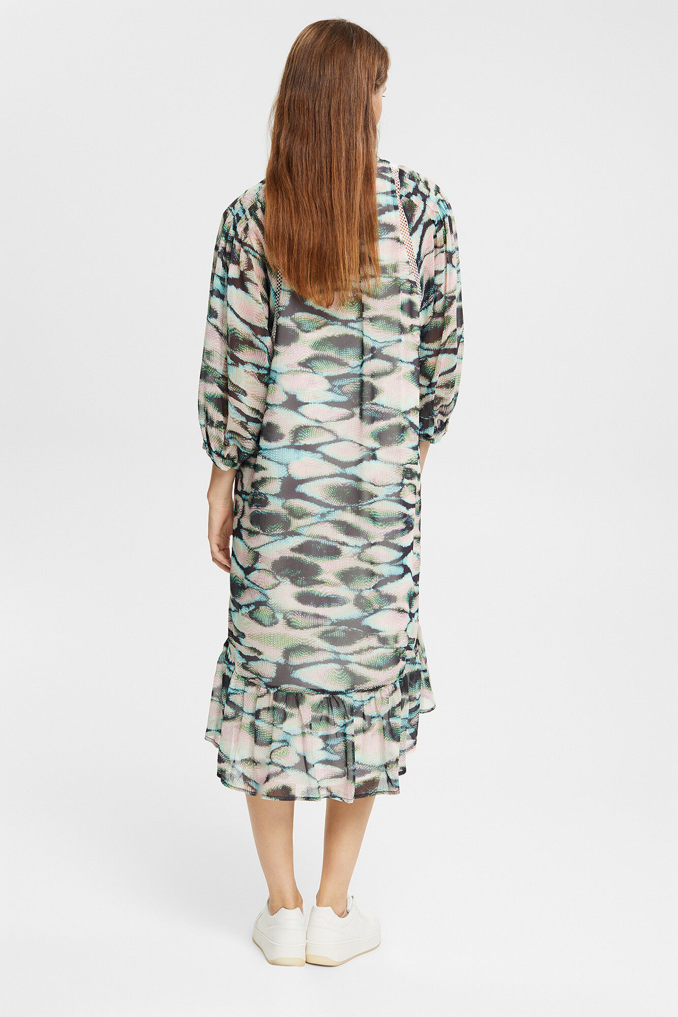 Vestido assimétrico de chiffon com estampa animal - Estampa verde