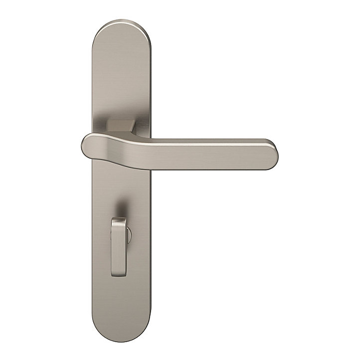 Ensemble poignée sur plaque rond à condamnation GoodHome Prat effet nickel satin gris L.129mm x l.42mm entraxe 165-195mm