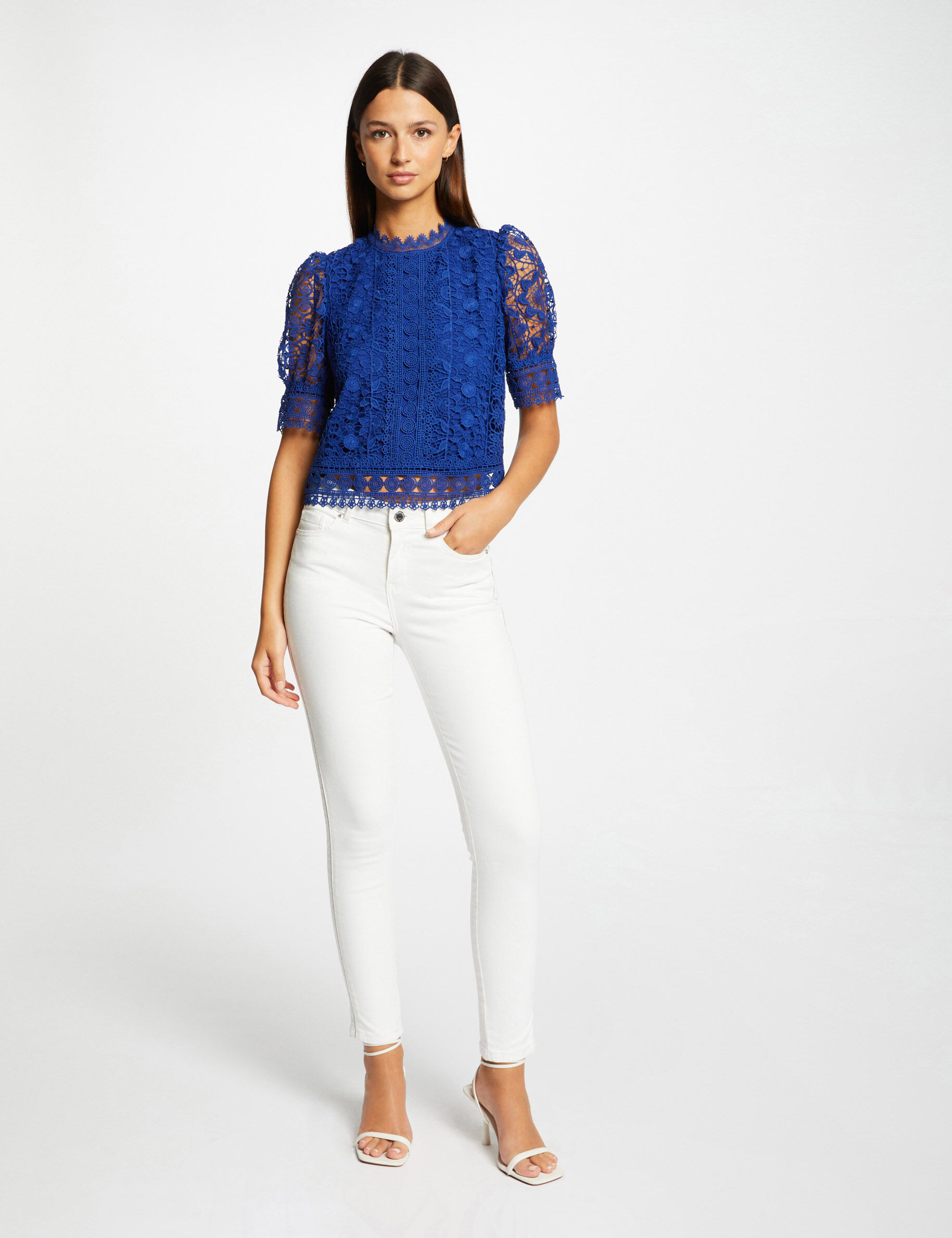Blouse manches courtes en dentelle bleu electrique femme - bleu_electrique