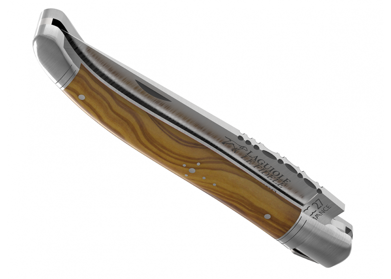 Couteau Laguiole avec un manche en bois d'olivier et 2 mitres en acier inoxydable