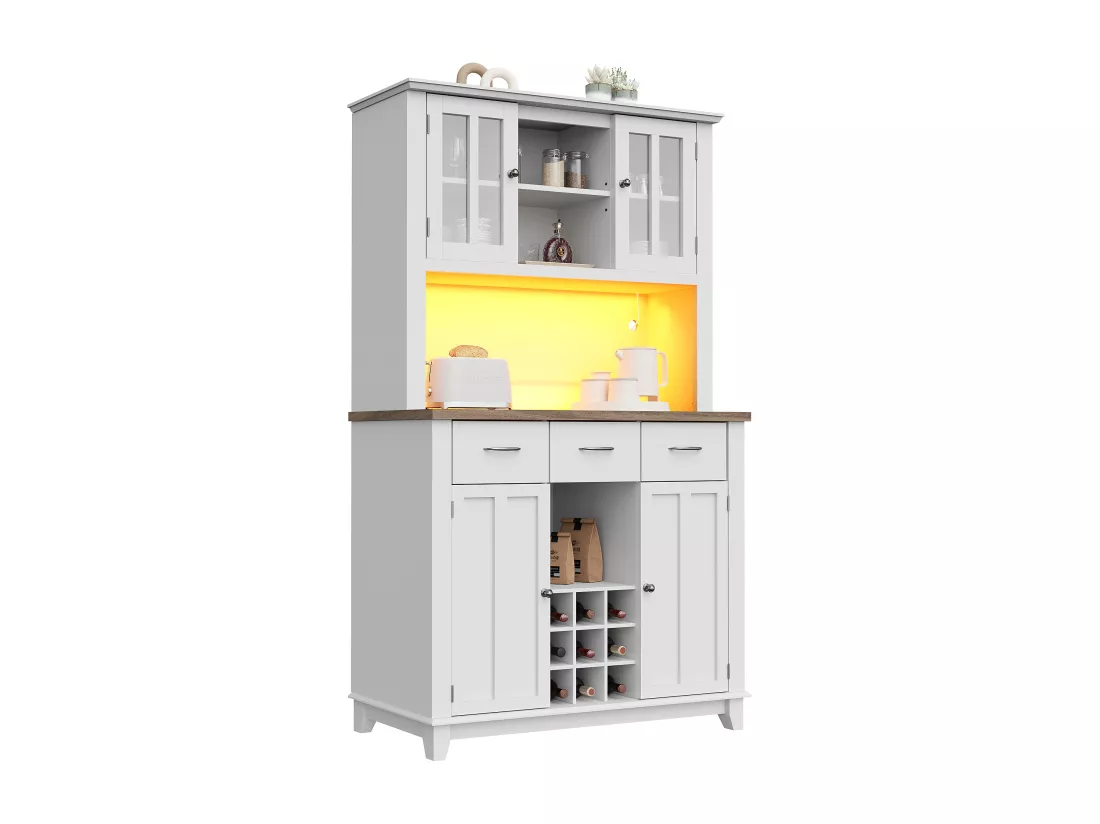 Vitrine、Buffet de cuisine avec LED - H 180cm - grand espace de rangement - Blanc