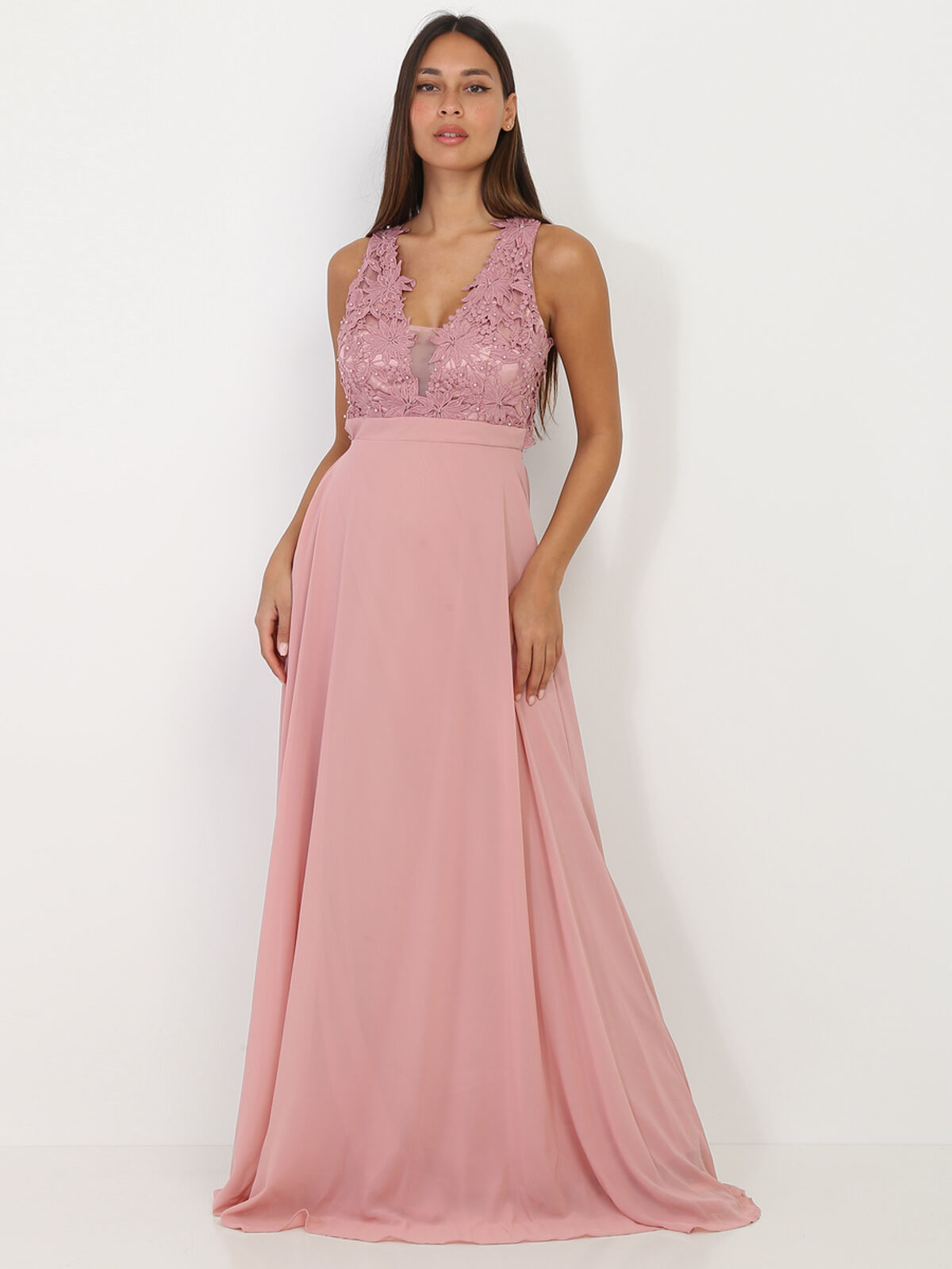 Robe longue à broderies fleuries- Vieux rose