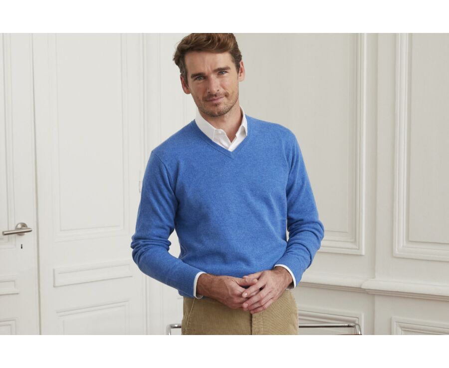 Pull homme laine col V Bleu mer - ELIAN