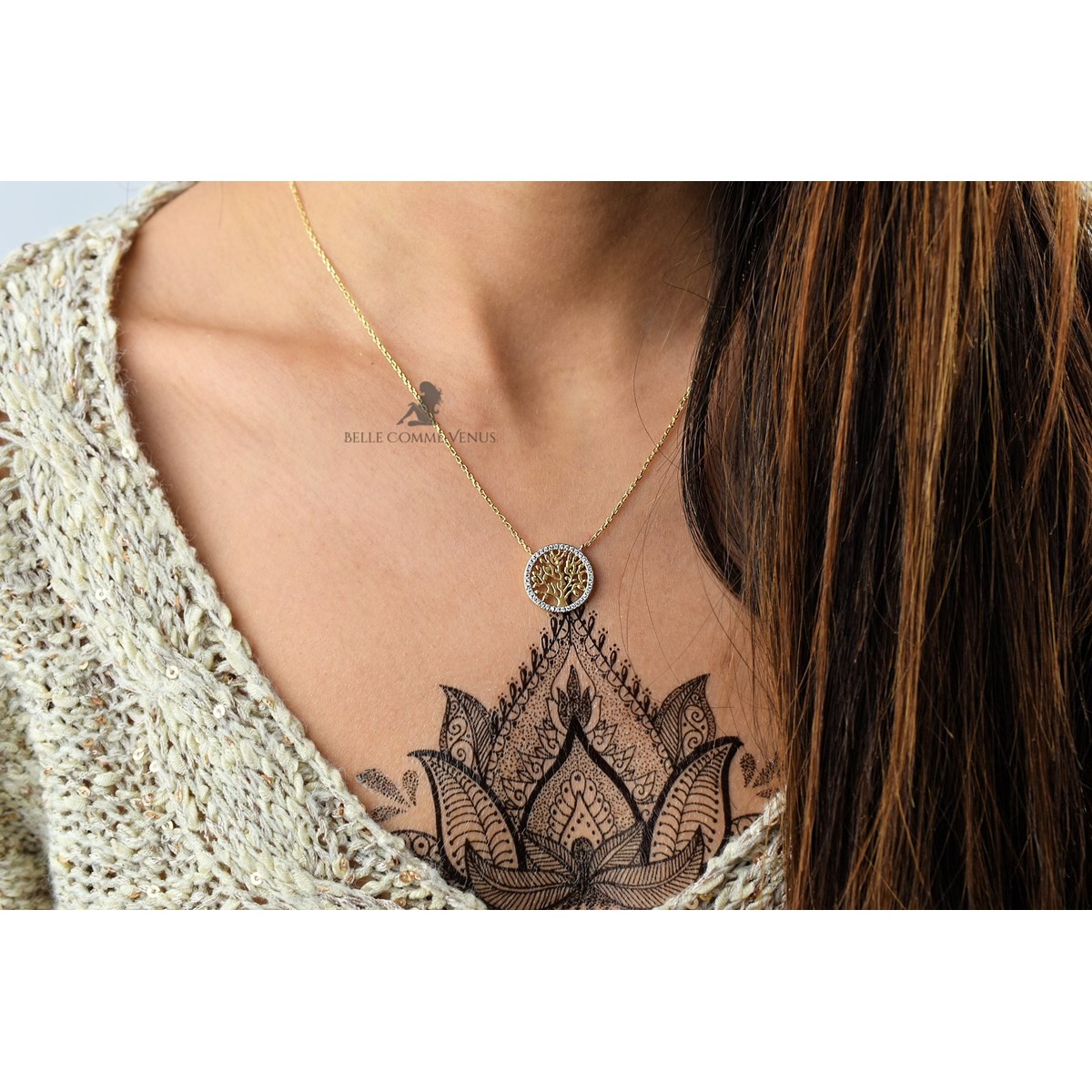 Collier arbre de vie cercle serti d'oxyde de zirconium Plaqué OR 750 3 microns 2 tons