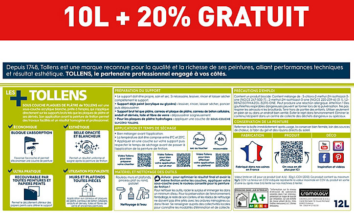 Sous-couche plaques de plâtre Tollens blanc 10L + 20% gratuit