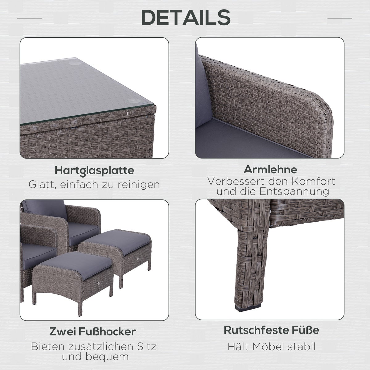 Outsunny 5-delige tuinmeubelset, L71 x B67 x H75 cm, polyrotan, metaal, 180g/m² polyester, gehard glas, grijs