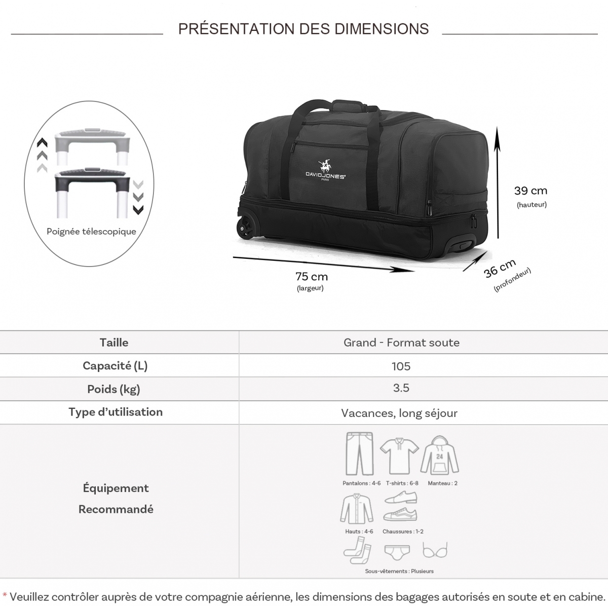David Jones Sac de voyage à roulettes 105L double compartiment David Jones Taille L 75cm