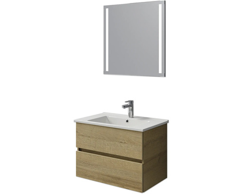 Badkamermeubelset Pelipal Cavallino (B x H x D 75 x 200 x 45 cm), frontkleur: Riviera eiken, met witte keramische wastafel, badmeubel en spiegel
