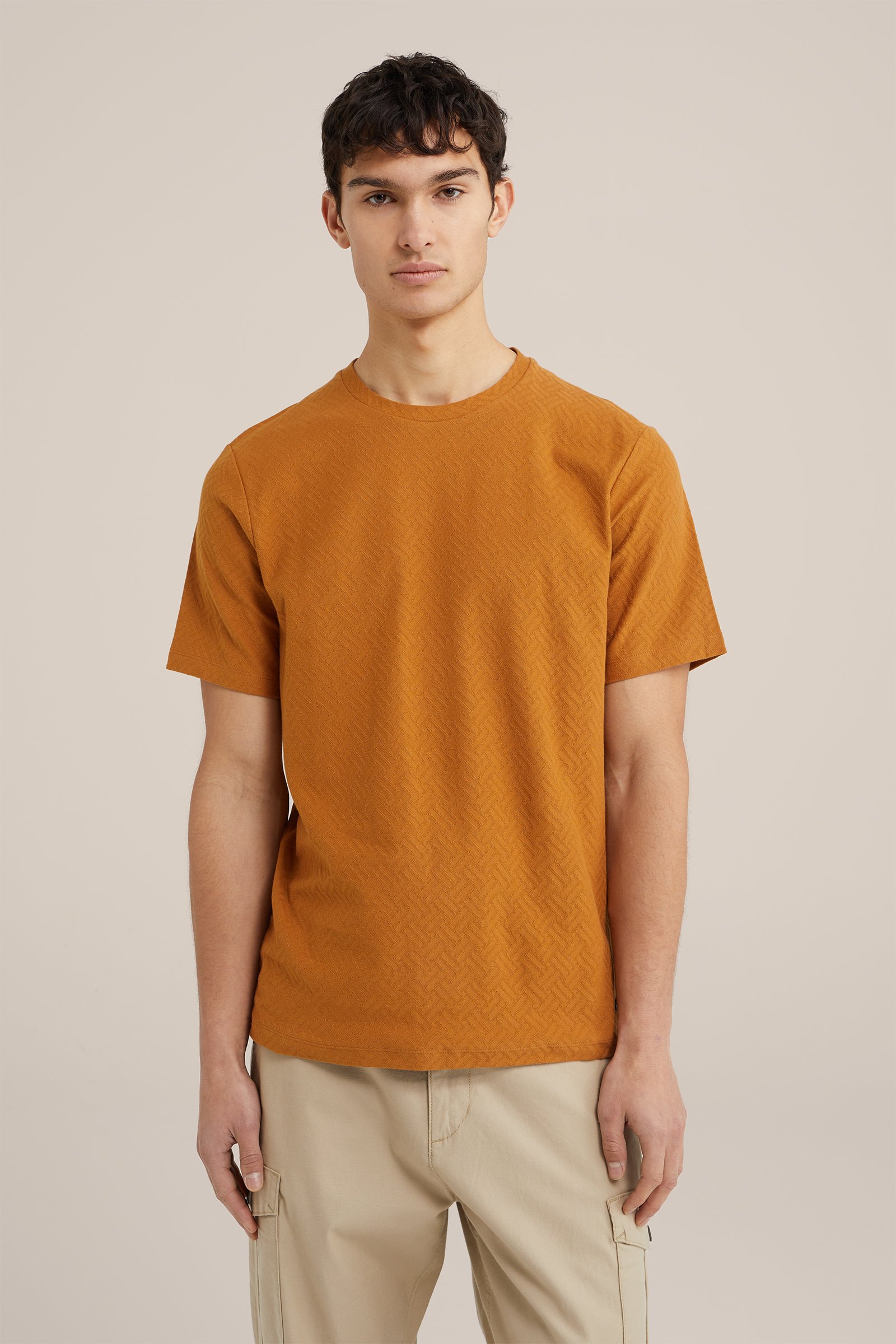 T-shirt met jacquard-dessin WE Fashion Lichtbruin