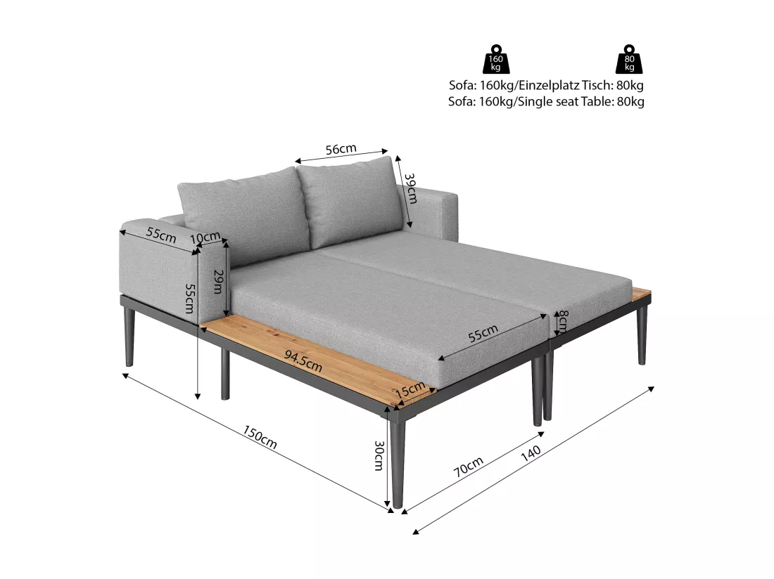Bain de soleil extérieur, chaise longue extérieure, canapé-lit multifonctionnel imperméable, chaise longue double avec étagère