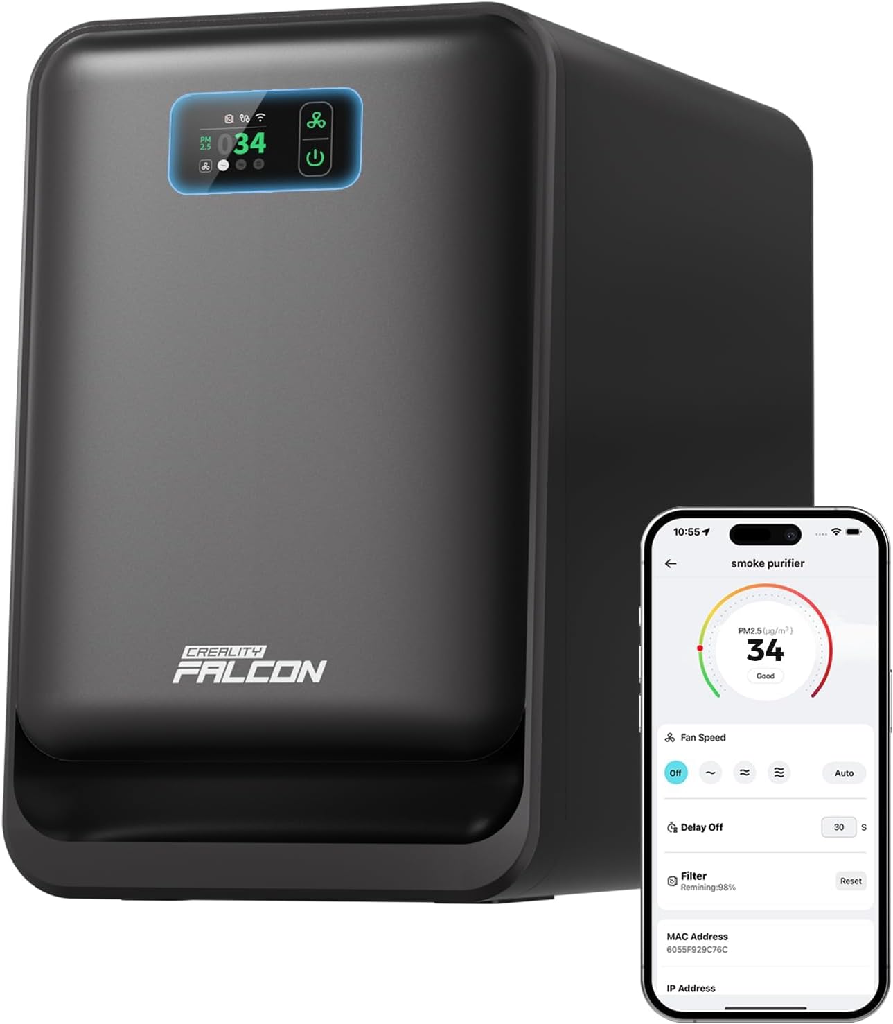 Creality Falcon AP1 Rauchreiniger für Falcon A1/Falcon A1 Pro, Smarter Luftreiniger für Lasergravur mit 360° Luftstrom, 250 m³/h Saugleistung, Echtzeit-PM2.5-Anzeige, WLAN-App-Steuerung