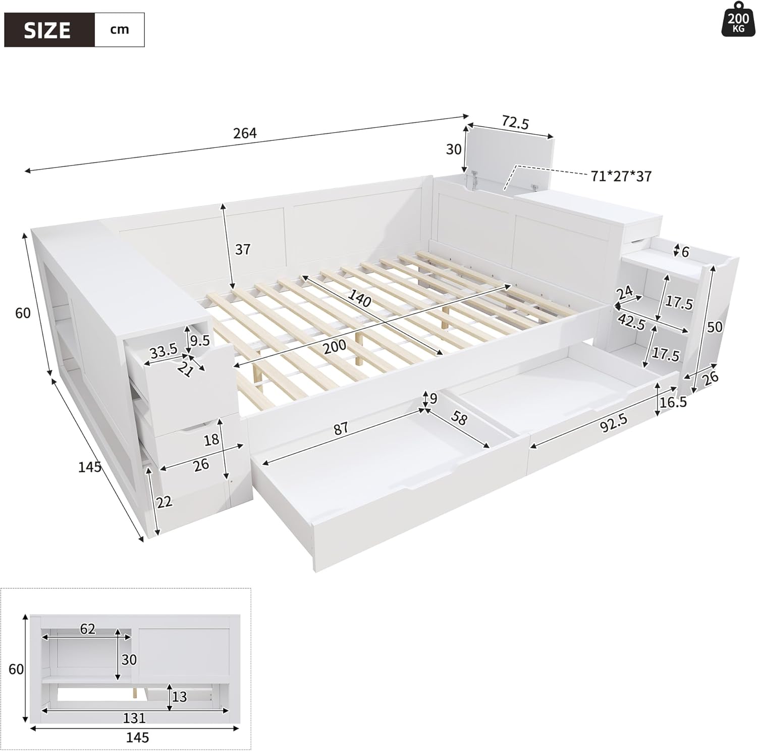 Kinderbett 140x200 cm, Doppelbett mit Regalen und Stauschrank, Stauraumbett mit Schubladen, Bettkasten mit Nachttischen, für Erwachsene und Jugendliche, Weiß, ohne Matratze