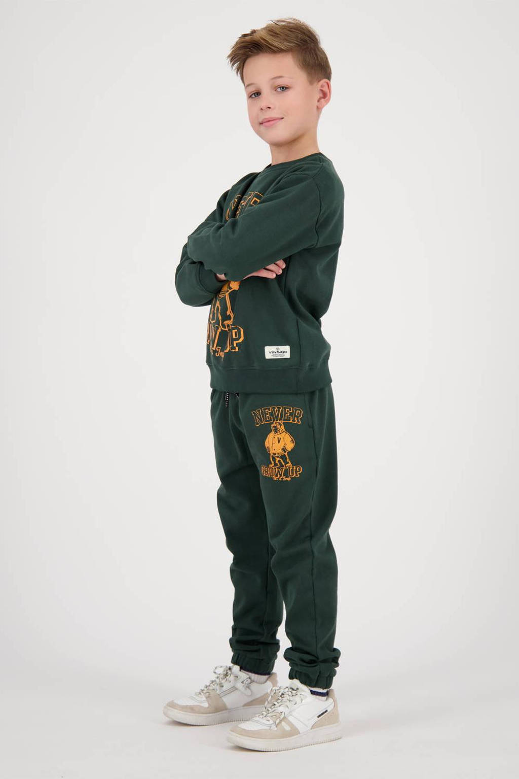Vingino sweater Nolom met printopdruk donkergroen/geel