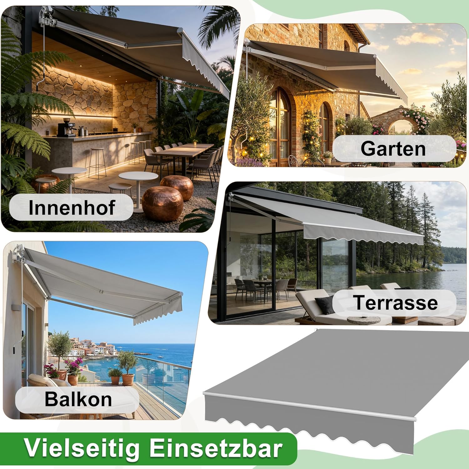400x300cm Gelenkarmmarkise Markise aus Alu und Polyester Sonnenmarkise Balkonmarkise Sonnenschutz Wasserdicht Sichtschutz Sonnensegel Anti-UV mit Handkurbel für Terrasse Balkon Hellgrau