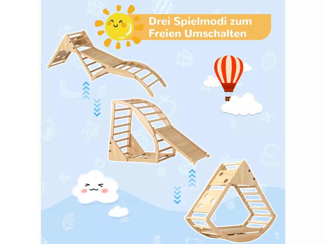 Aire de jeu 8 en 1 pour enfant - avec toboggan, module d'escalade, échelle à barreaux, arche d'escalade, balançoire et tente - bois