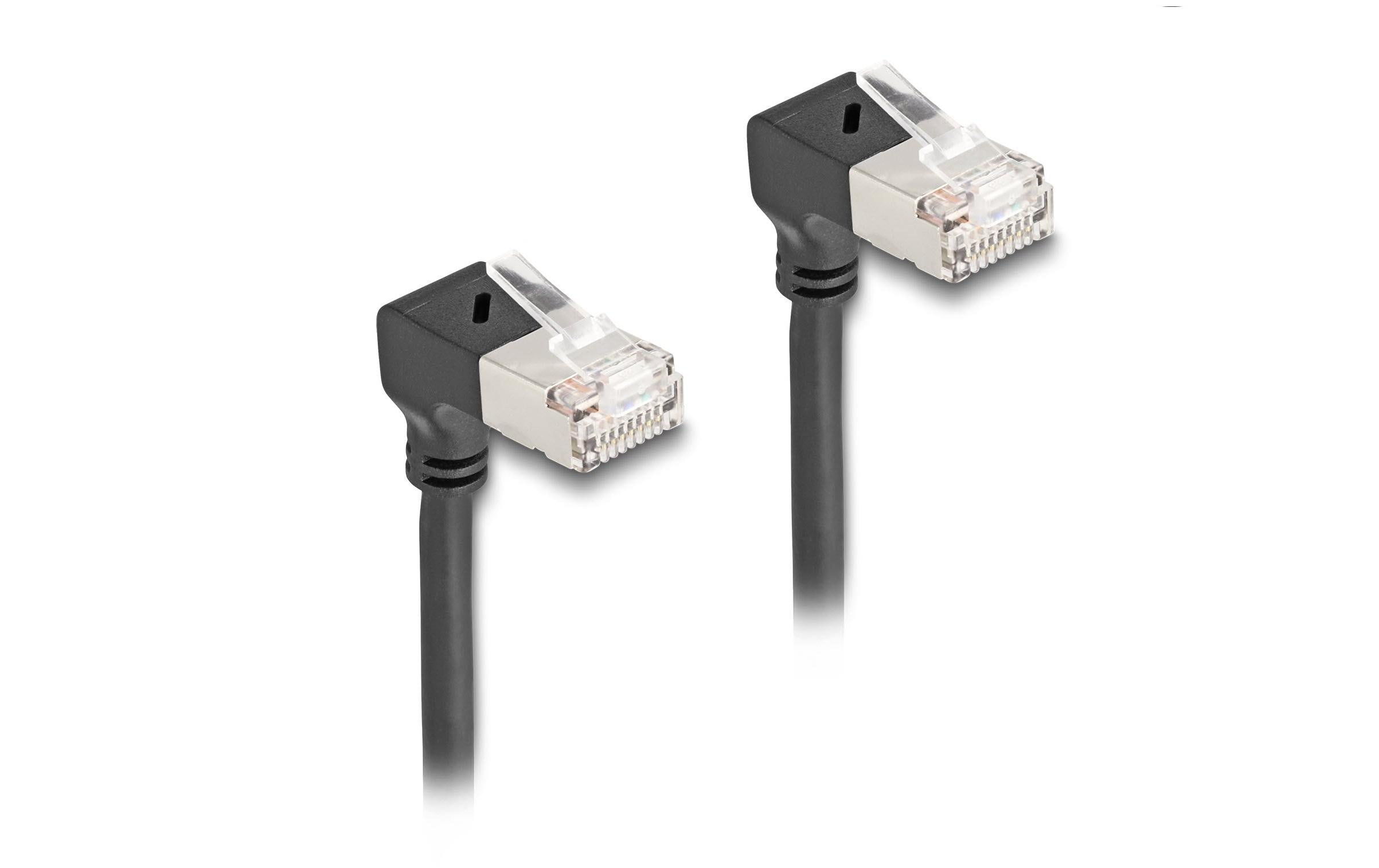 Patchkabel 90° gewinkelt Cat 6A, S/FTP, 1 m, SchwarzDelock RJ45 Netzwerkkabel Cat.6A S/FTP Slim 90° unten / unten gewinkelt 1 m schwarz