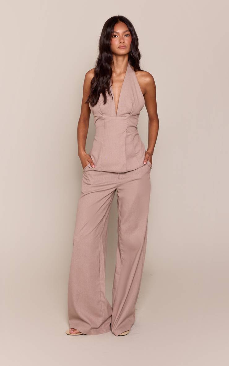 Taupe Pantalon Large Tailleur Coordonné