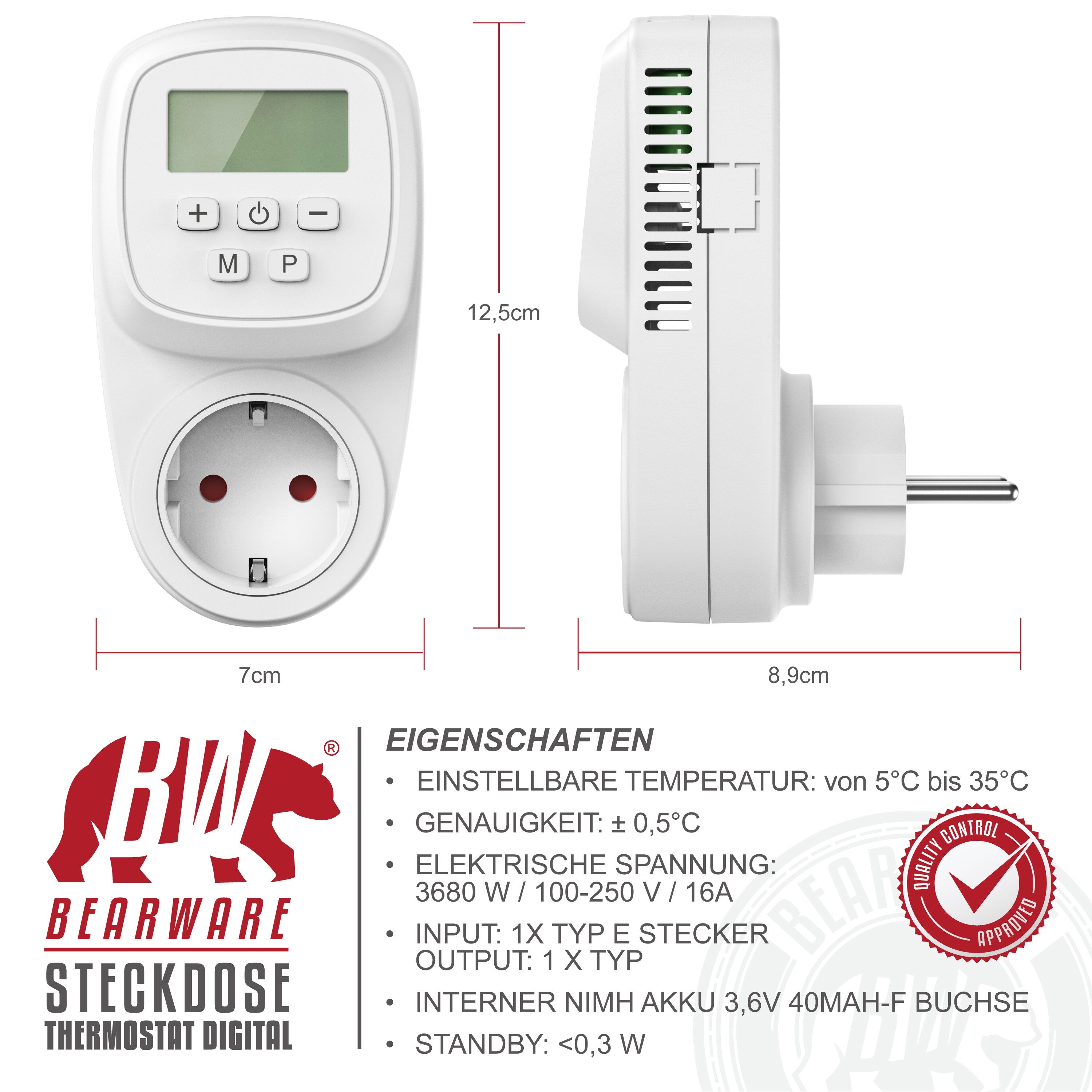 BEARWARE Steckdosen Thermostat digital programmierbar Temperaturregelung 5° - 35°C